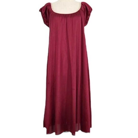 Vintage Burgundy Wine Coquette Dainty Prairie Milkmaid Nylon Nightgown Dress L - Picture 2 of 11